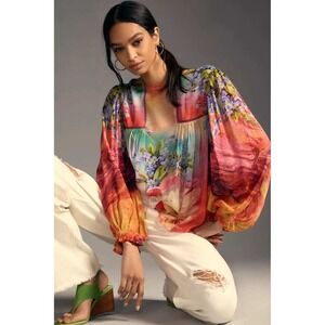 Anthropologie Bl-nk Miranda Peasant Blouse 2X Floral Viscose Multi Color Top